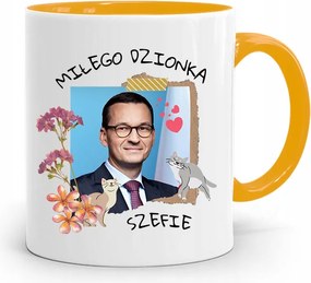Sárga Politikus Bögre Mateusz Morawiecki Miniszterelnök fényképes nyomtatással