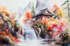 Vászonkép Canvas Tájkép Kelet Ázsia Japán Hegyek Vízesés Ház 60x40