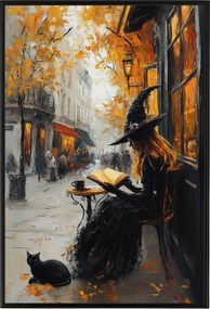Poszter Keret Alumínium Boszorkány Kávézó Macska Ősz Kávé 40x60