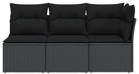 Fekete 3 személyes polyrattan kerti kanapé párnákkal