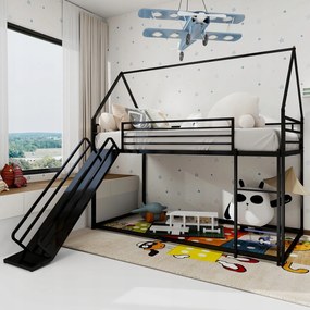 Emeletes ágy Gyerekágy csúszdával Faházikó 90x190 fekete