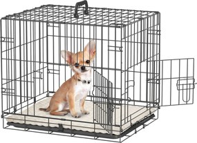 PawHut Kisméretű Kutya Ketrec Párnával, 2 Ajtóval, Levehető Tálcával és Fém Rácsos Váz 60x40x50 cm Fekete és Bézs | Aosom