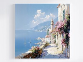 Vászonkép Canvas Tengerpart Város Hegyek Virágok Csónakok 40x40