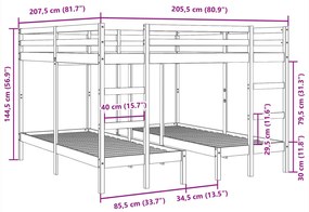 fehér tömör fenyőfa tripla emeletes ágykeret 200x200/80x200 cm