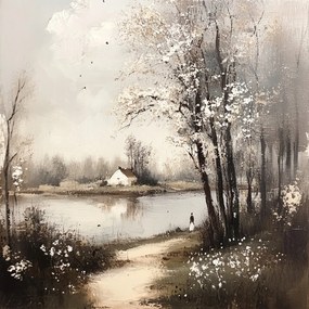 Vászonkép Canvas Tájkép Folyó Ház Fák Falu Vintage Retro 40x40