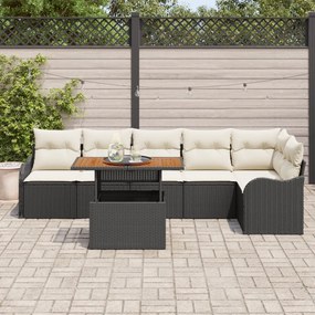 7 darabos Kerti Kanapésor párnákkal Fekete Poli Rattan Akác, 2 személyes Kerti Kanapé párnákkal Fekete Poli Rattan