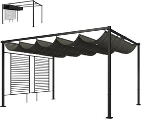 Outsunny pergola 3,87 x 2,97 m, állítható tetővel, 2 privát panellel, UV50+, szabadon álló — sötétszürke | Aosom