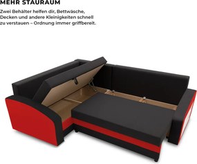 Grande sarokkanapé polcokkal , polc a jobb karfaban, baloldali, szövet anyag, bonell töltet, fekete - piros