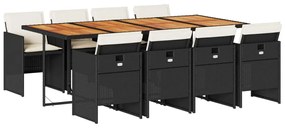 9 részes fekete polyrattan kerti étkezőgarnitúra párnákkal