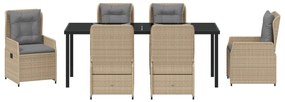 7 Darabos Kerti Étkezőszett Bézs Poli Rattan, Kerti Asztal Fekete 200x80x73 cm Edzett Üveg