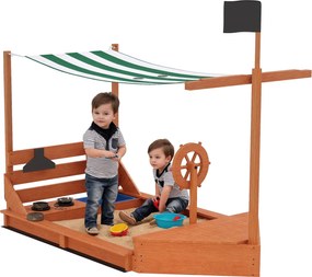 Outsunny Nagy Homokozó Fedéllel Hajó Formájú Fa Játék Házikó Konyhai Játszószettel Gyerekeknek 3-7 Év Zöld 180 x 103 x 144,5 cm | Aosom