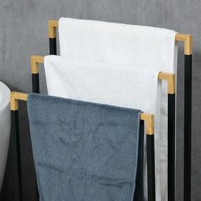 Kleankin Törölközőtartó szett 3 törölközőtartó rúddal, bambusz, 45 x 22,5 x 86 cm, fekete-natúr