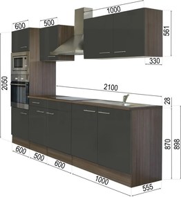 Yorki konyhabútor Yorki tölgy korpusszal, selyemfényű antracit fronttal 270 cm-es méretben