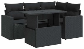 vidaXL 5 részes fekete polyrattan kerti kanapészett párnákkal