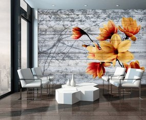 Fotótapéta - Narancssárga virágok fa táblákon (152,5x104 cm)