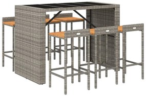 7 részes szürke polyrattan és tömör akácfa kerti bárszett