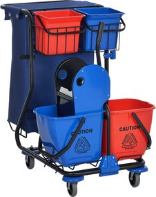 HOMCOM Professzionális Takarítókocsi Kukazsákkal, 2 db 18L Mop Buckettel, 2 db 6L Tároló Buckettel, Mop Összenyomóval, Akasszal és Kerekekkel Szálloda