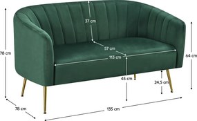 Design kétszemélyes kanapé, sötétzöld Velvet szövet/gold króm-arany, BAGY