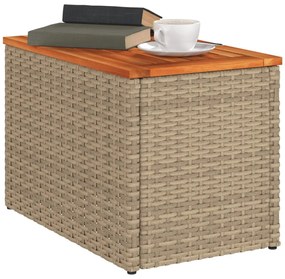 2 db bézs polyrattan és tömör fa kerti kisasztal 55x34x37 cm