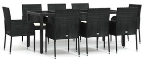9 részes fekete polyrattan kerti étkezőgarnitúra párnákkal