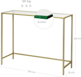 Konzolasztal fém vázzal edzett üveglappal, arany 100x35x80cm
