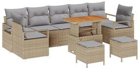 10 Darabos Kerti Kanapé Készlet Párnákkal Bézs Poli Rattan Akác, 2-Fős Kerti Kanapé Párnákkal Bézs Poli Rattan, 3 Darabos Kerti Étkező Készlet Párnákkal Bézs Poli Rattan Akác