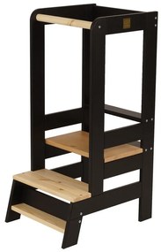 Fekete-natúr színű borovi fenyő tanulótorony Montessori – Meowbaby