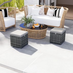 Outsunny 2 db Osztott Puff, PE Rattan Tároló Hellyel, Kerti Lábpihentő Levehető Párnákkal, Puff 40 x 40 x 41 cm, Világosszürke | Aosom