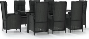 vidaXL 9 részes fekete polyrattan kerti étkezőgarnitúra párnákkal