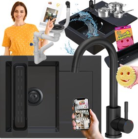 Egymedencés Gránit Mosogató Csepegtetővel Fekete Csaptelep Csepegtető