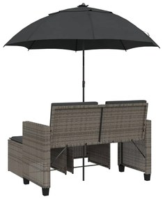 2 személyes szürke polyrattan kerti kanapé napernyővel/székkel