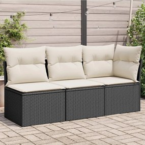 Fekete 3 személyes polyrattan kerti kanapé párnákkal