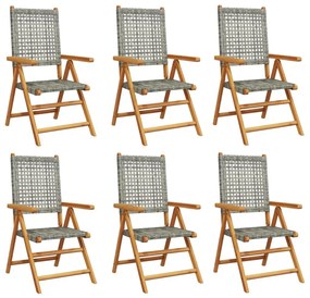 6 db szürke polyrattan és tömör fa dönthető kerti szék