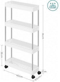 Keskeny 4 szintes tárolókocsi, helytakarékos polcrendszer, 40x12.5x88 cm, fehér