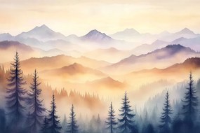 Fotótapéta Flizelina Tájkép Hegyek Fák Erdő Köd Nap 104x70,5 ragasztó