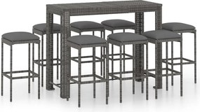 vidaXL 9 részes szürke polyrattan kerti bárszett párnákkal