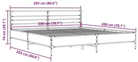 szürke sonoma szerelt fa és fém ágykeret 200 x 200 cm