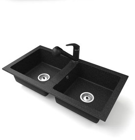 Gránit mosogató NERO Lybra + kihúzható zuhanyfejes Shower csaptelep + szifon (fekete)