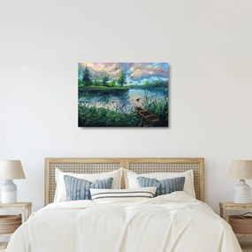 Kép - olajfestmény, Nyári este a tónál (üvegen) (70x50 cm)