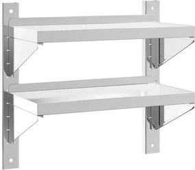 vidaXL 2 szintes ezüst rozsdamentes acél fali polc 50 x 23,5 x 48 cm