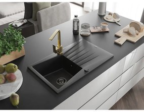 Mexen Cesar, gránit mosogató 775x470x190 mm, 1 kamrás, fekete, fekete szifonnal és arany Rita mosogató csaptelep, 6514-77-670300-50-B