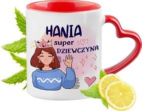 Piros bögre szív alakú füllel Haninak Ajándék