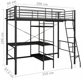 fekete fém emeletes ágykeret asztallal 90 x 200 cm