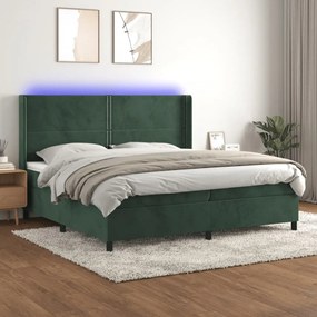 sötétzöld bársony rugós és LED-es ágy matraccal 200x200 cm