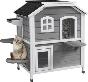 PawHut Fa Macska Ház 2 Szintes Télálló Vízálló Macska Menedék Aszfaltozott Tetővel Összecsukható Tető Lépcső Cica Barlang Szabadtéri Menedék Kerti Erk