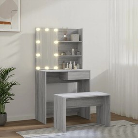 szürke sonoma szerelt fa fésülködőasztal-szett LED-ekkel