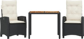 vidaXL 3 részes fekete polyrattan kerti étkezőgarnitúra párnákkal