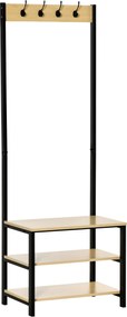HOMCOM Fali Akasztó és Pad Cipőtartó 3 Polccal és 4 Kéttartóval Kabátokhoz Előtérbe 60x40x175 cm Fekete és Natúr | Aosom