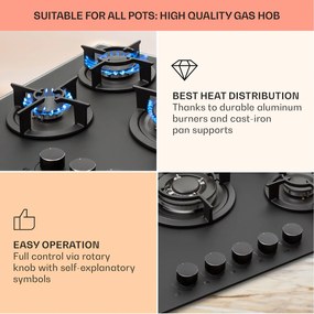 Klarstein Firetale, gázfőzőlap, 5 égő, 70 cm, alumínium égők, tömlővel és redukáló szeleppel