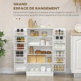 HOMCOM Modern Konyhai Szekrény Buffet Szekrény Állítható Polcokkal és 12 Fűszertartóval, Spájz Étkezőbe, Nappaliba, 60 x 30 x 104 cm, Fehér | Aosom